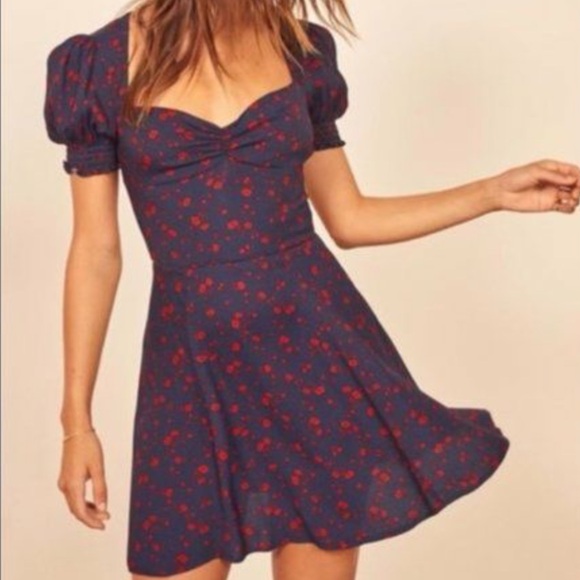 Reformation sweetheart neckline puff sleeve Drea Mini Dress in Anthem Blue - Picture 1 of 7